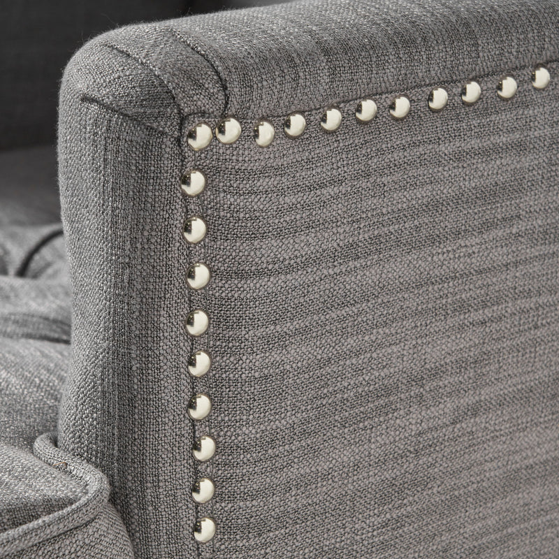 Noble House Harrison tufted club arm chair with button-tufted back and birch wood legs, stylish and comfortable seating.