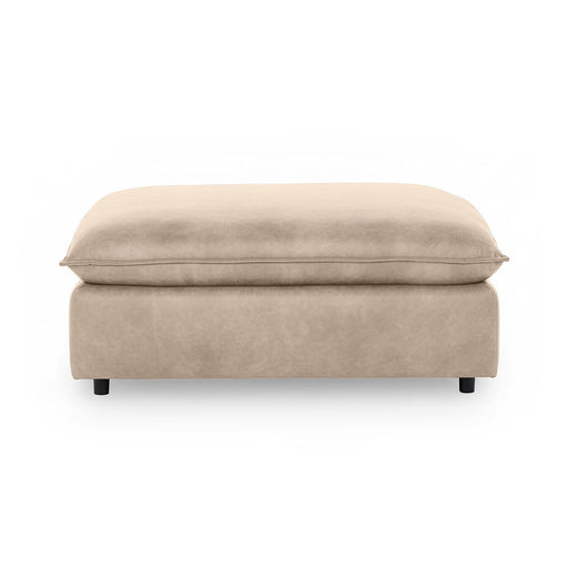 Classic Home Caplan upholstered ottoman with plush fabric and sturdy wooden legs, perfect for living room decor.