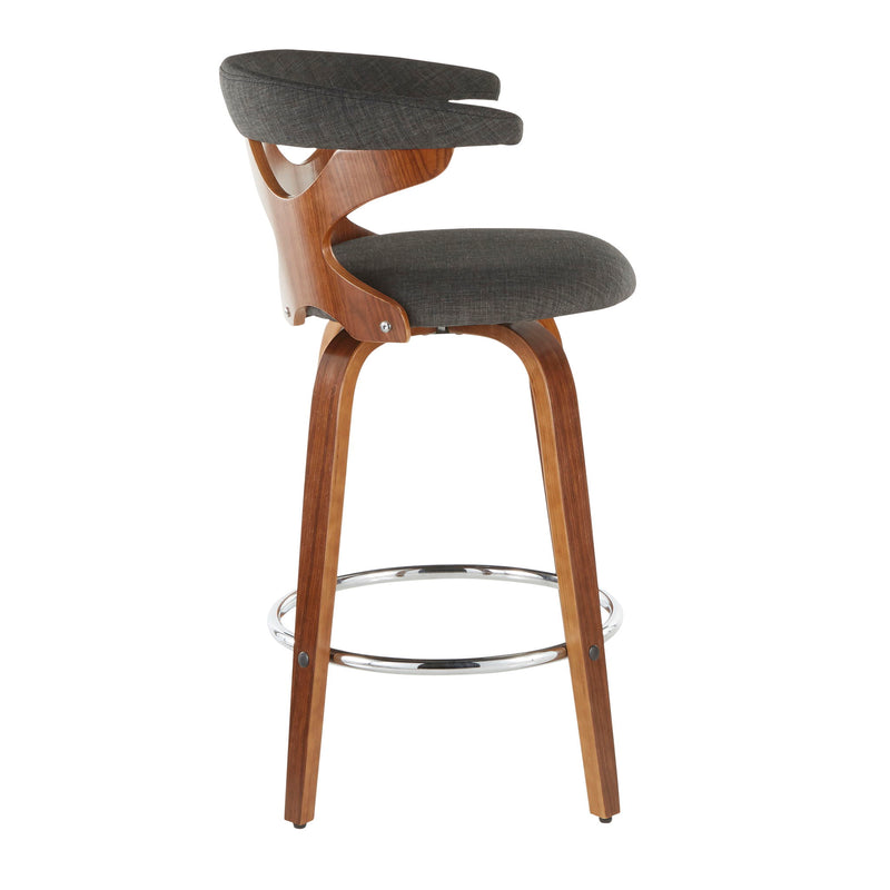 Set of two Lumi Source Gardenia mid-century modern counter stools with wooden legs and upholstered seats.