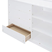 DreamHaus bunk bed with built-in four drawers and three shelves, showcasing a sturdy wooden frame and functional storage space.