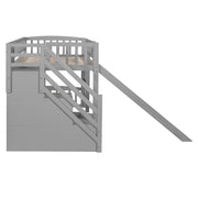 DreamHaus loft stairway bed with two drawers, convertible ladder, and slide, featuring a modern design for kids' bedroom.