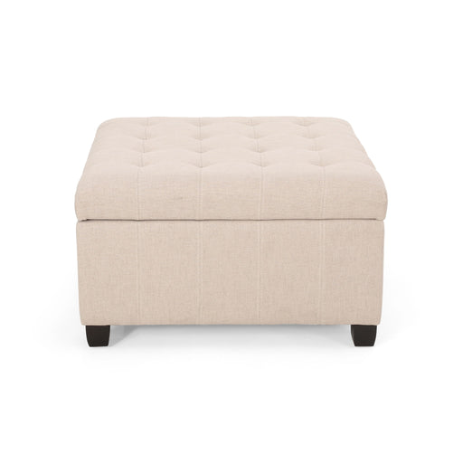 Noble House Isabella contemporary storage ottoman with cushioned top and wooden legs, serving as a versatile living room accent piece.
