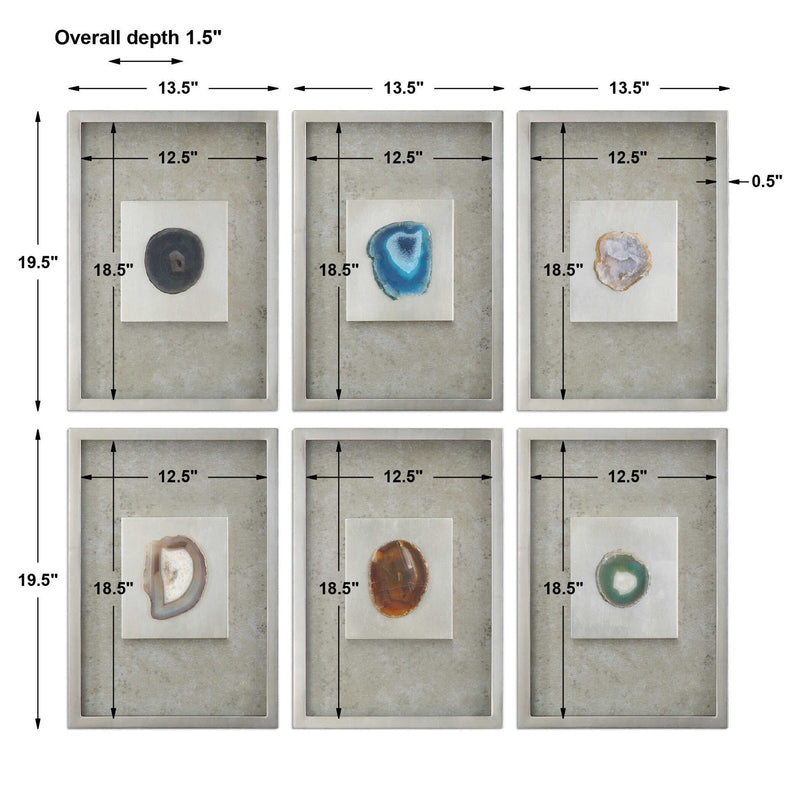 Set of six silver agate stone wall art pieces by Uttermost, featuring natural agate patterns and polished finishes for modern decor.