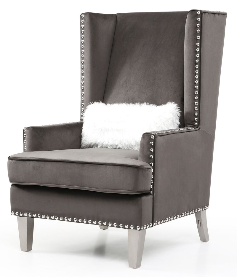 Elegant traditional arm chair by Glory Furniture with ornate wooden frame and plush fabric upholstery.