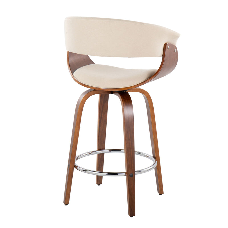 Set of two Lumi Source vintage mid-century modern fixed height counter stools with swivel and round footrest.