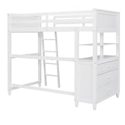 DreamHaus loft bed with integrated drawers, desk, and shelves, showcasing a modern multi-functional bedroom furniture piece.