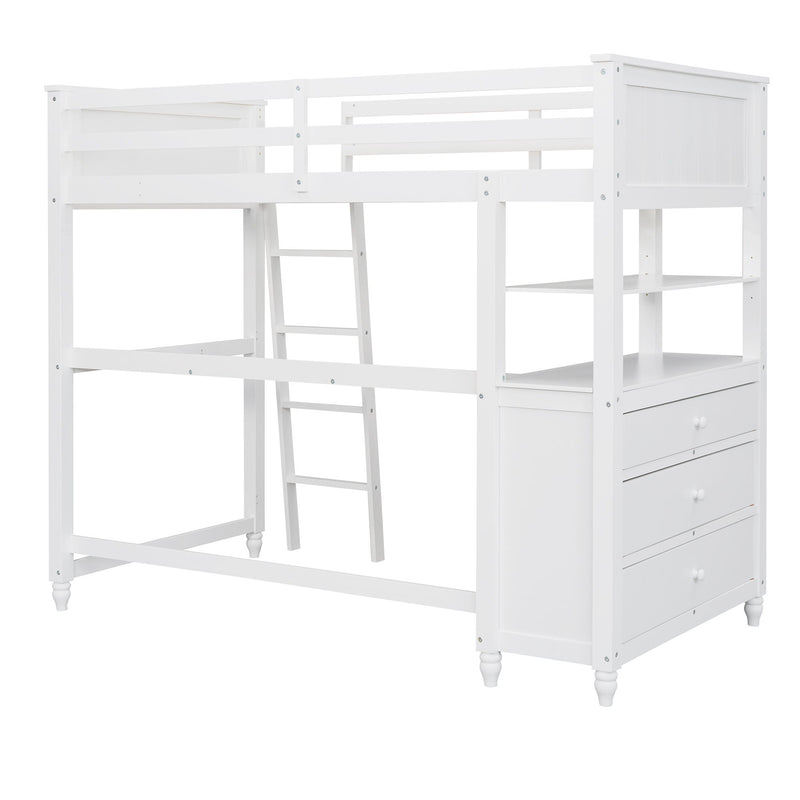 DreamHaus loft bed with integrated drawers, desk, and shelves, showcasing a modern multi-functional bedroom furniture piece.