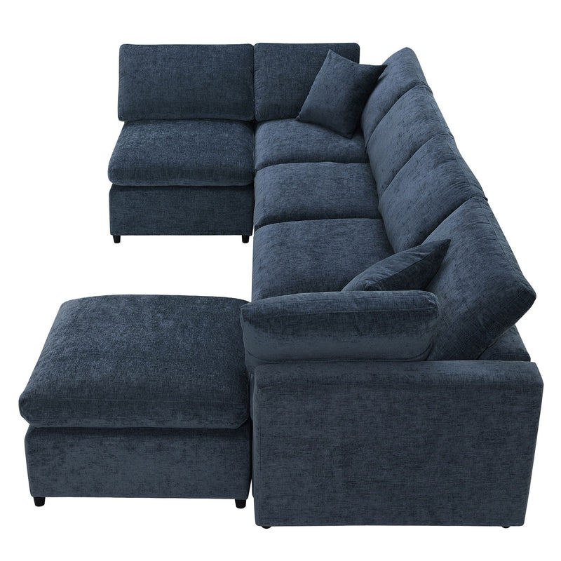 Luxe & Co. Modern modular cloud sofa bed with six seats, ottoman, and U-shaped sleeper design in a stylish living room setting.