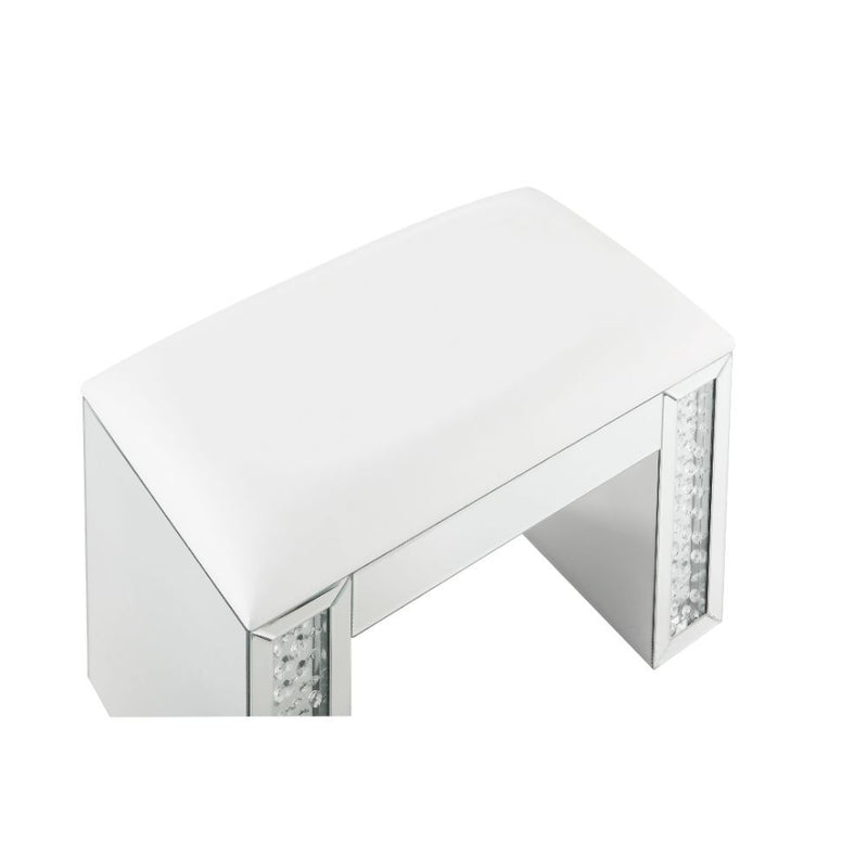 Nysa - Vanity Stool - Ivory Synthetic Leather , Mirrored & Faux Crystals - R&R Furniture Gallery (Fountain Valley, CA)