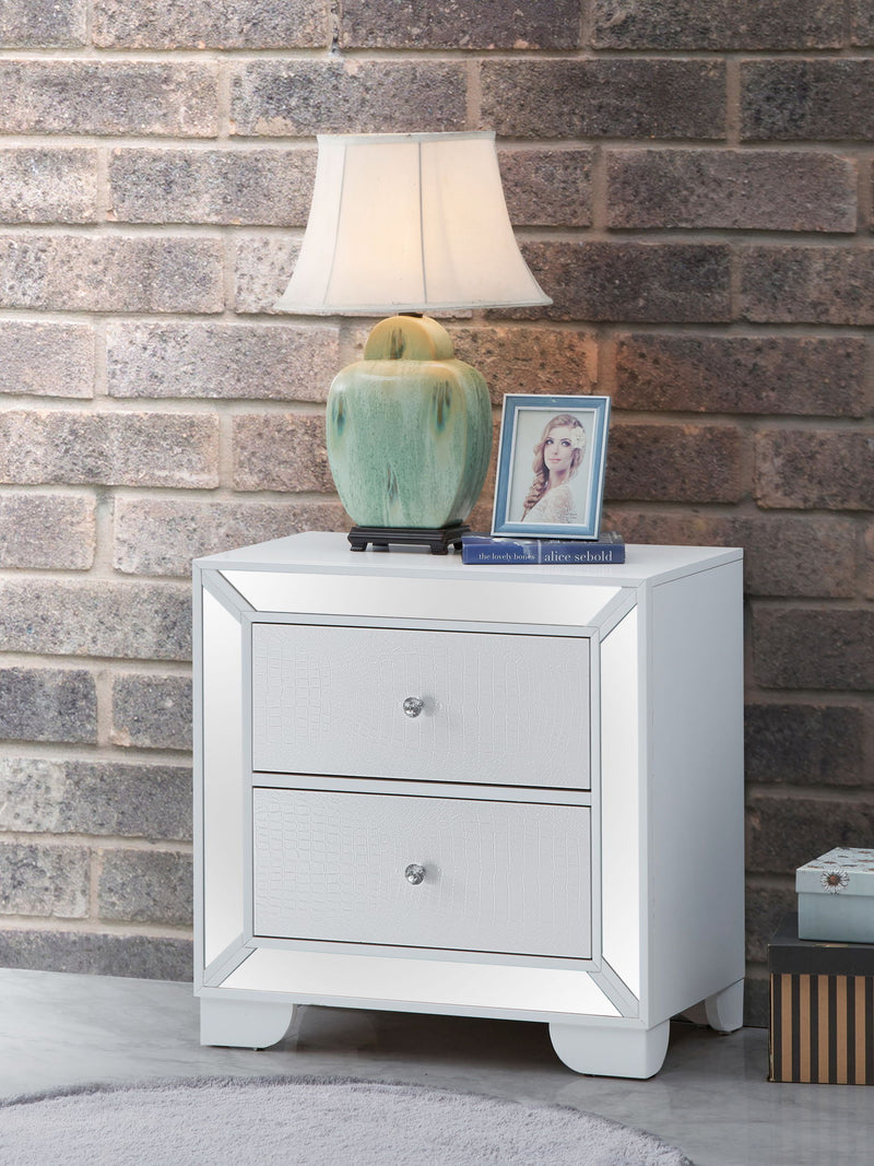 Contemporary silver champagne particle board accent nightstand with sleek design and modern style for bedroom decor.