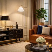 Majestic - Ring Base Curved Floor Lamp With Triangle Drum Shade - Gold / White - R&R Furniture Gallery (Fountain Valley, CA)