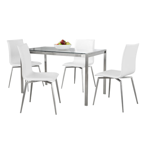 Lumi Source Fuji Mason 5-piece upholstered swivel dining set with glass tabletop, modern design, includes chairs and table.