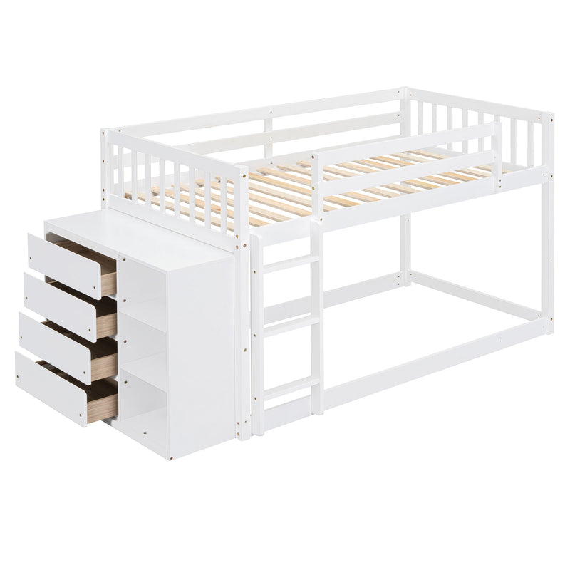 DreamHaus bunk bed with four drawers and three shelves, featuring a sturdy wooden frame and space-saving design for kids' bedrooms.