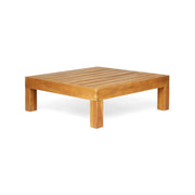 Noble House Mythical square outdoor coffee table with teak frame and slat top, ideal for patio or garden seating areas.