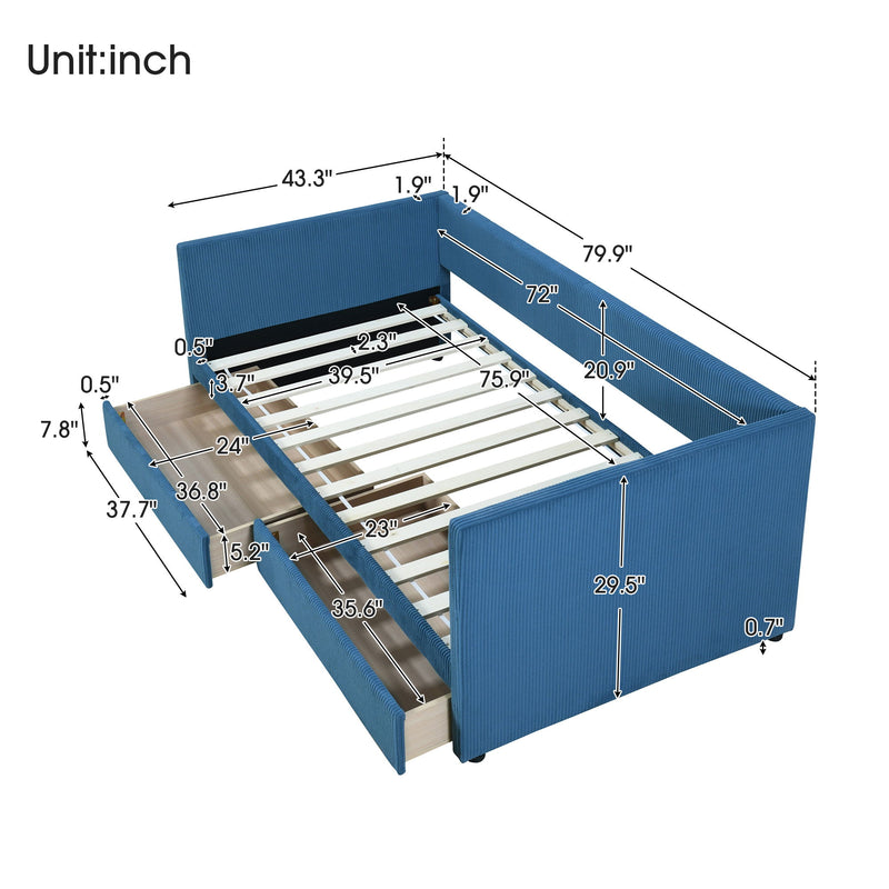 Halcyon Home storage daybed with two drawers and wood slat design, featuring a sturdy frame and functional storage drawers.