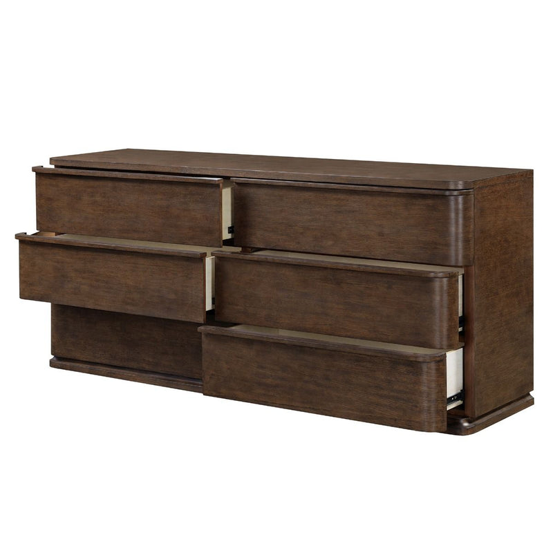 Brown oak ACME Zoey dresser with multiple drawers, showcasing sleek modern design and sturdy wooden construction.