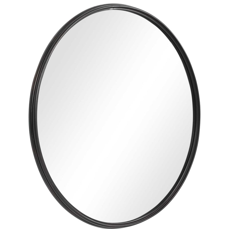 Round black iron wall mirror by Uttermost featuring a sleek, minimalist frame perfect for modern interior decor.