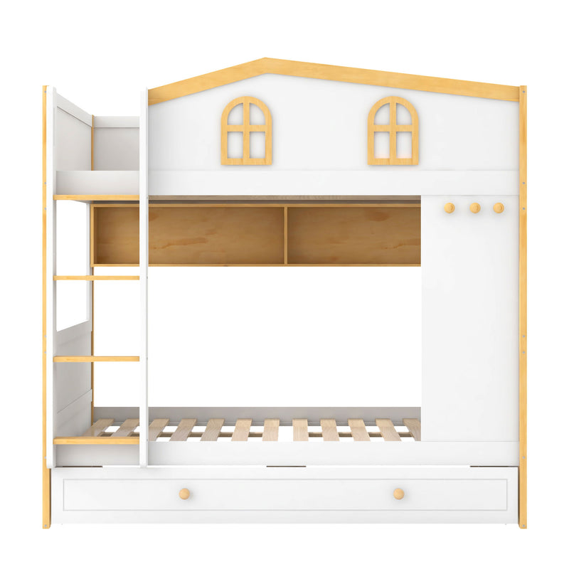 White and natural Dreamland full over full bunk bed with built-in storage shelves and a trundle bed, showcasing the sturdy frame and design.