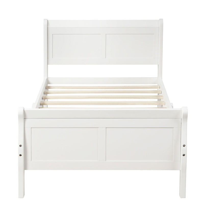 DreamHaus platform bed frame with sleigh design, wooden slats, headboard, footboard, and sturdy mattress foundation.