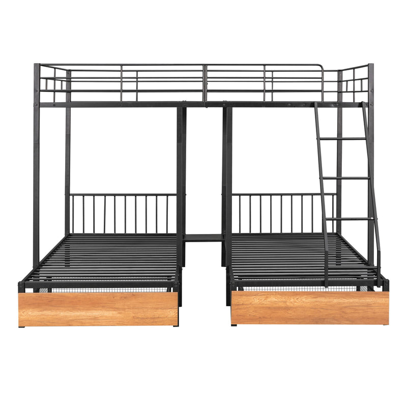 DreamHaus triple bunk bed with built-in drawers and safety guardrails, featuring sturdy wood construction and space-saving design.