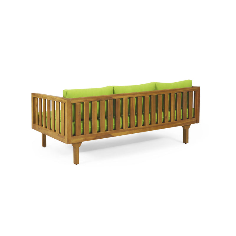 Noble House Claremont 3-seater teak acacia wood daybed sofa with water-resistant cushions, ideal for outdoor lounging.