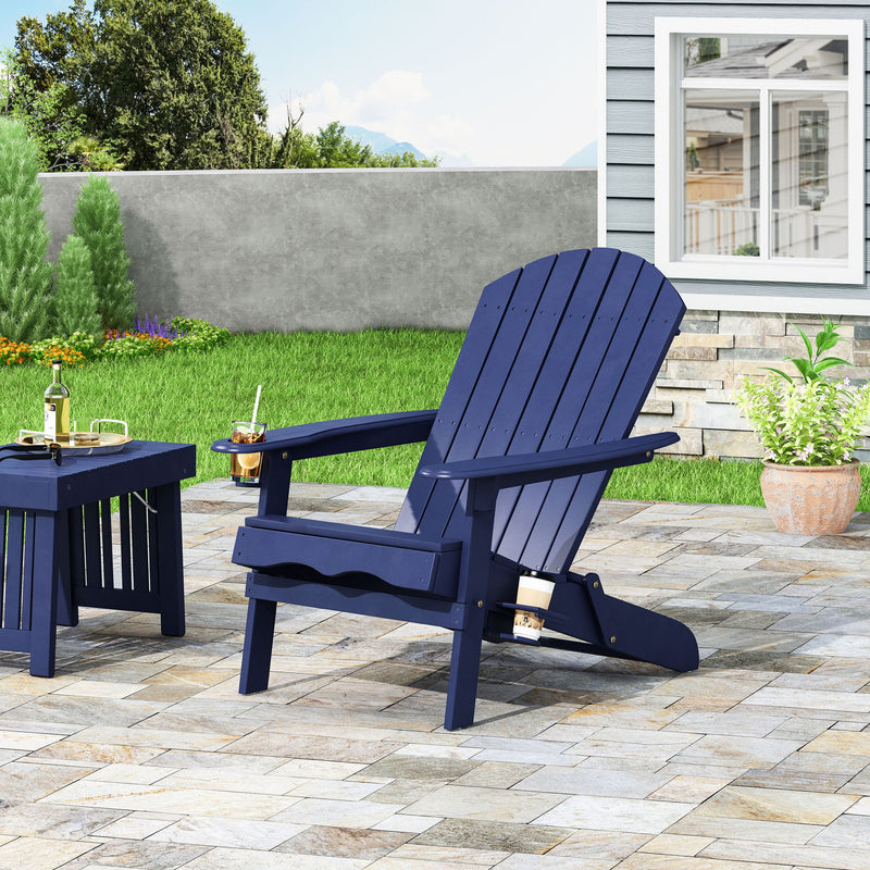 Noble House Zenithia outdoor foldable Adirondack arm chair with two built-in cup holders, shown in a natural setting.