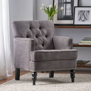 Noble House Harrison tufted arm chair with button-tufted back and birch wood legs, luxurious and comfortable seating option.