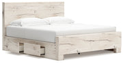 Signature Design by Ashley Lawroy panel bed with integrated storage drawers in dark wood finish, showcasing a modern bedroom furniture piece.