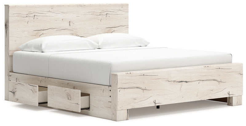 Signature Design by Ashley Lawroy panel bed with integrated storage drawers in dark wood finish, showcasing a modern bedroom furniture piece.