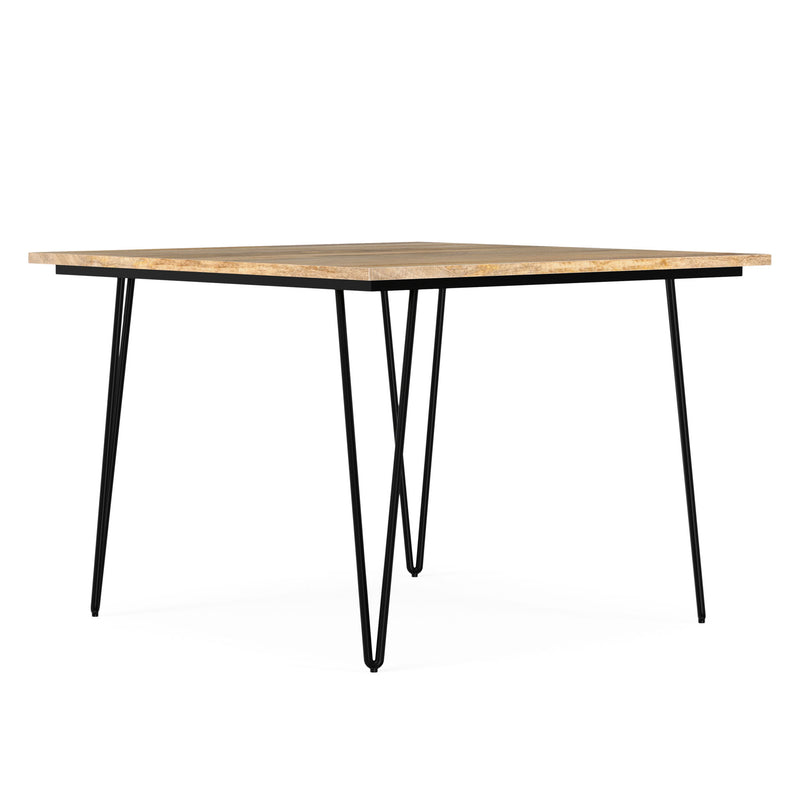 Simpli-Home Hunter square tabletop dining table with wooden finish, modern design, suitable for kitchen or dining room.