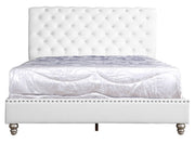 Elegant transitional upholstered bed with a padded headboard and wooden frame, showcasing sleek design by Glory Furniture.