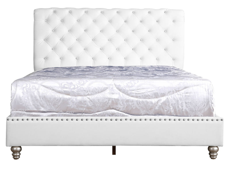 Elegant transitional upholstered bed with a padded headboard and wooden frame, showcasing sleek design by Glory Furniture.