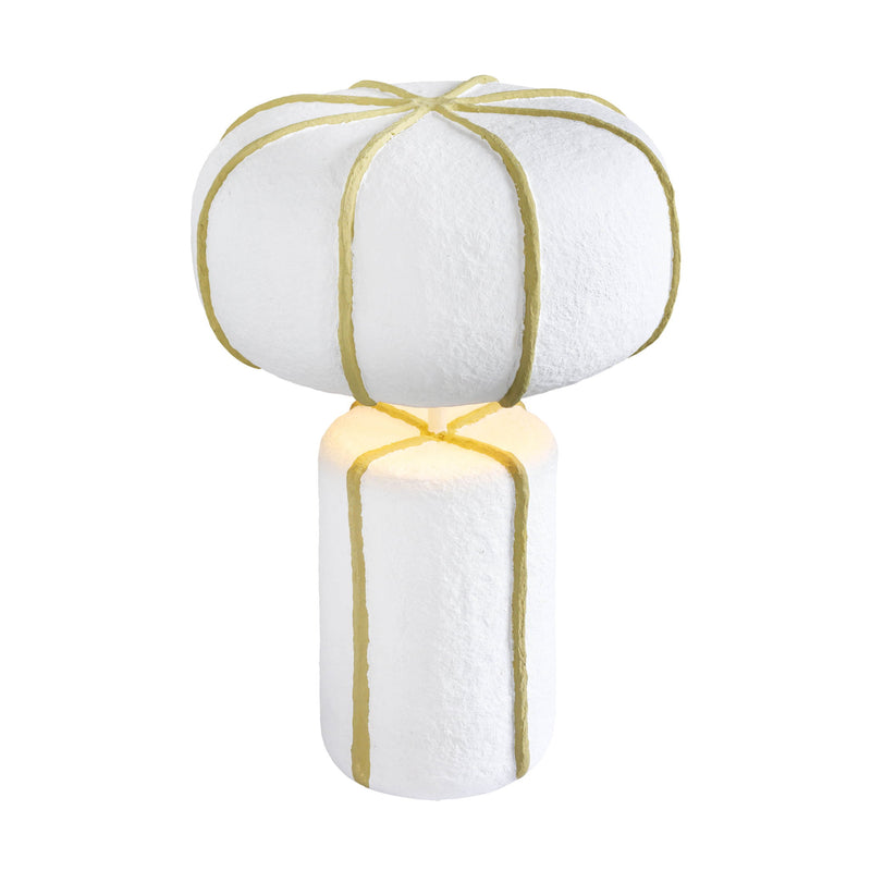 Looma Cotton Mache Table Lamp by TOV Furniture featuring a white and green woven design on a sleek base.