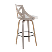 Set of two Lumi Source Charlotte farmhouse fixed height barstools with swivel, round footrest, in light gray and cream fabric.