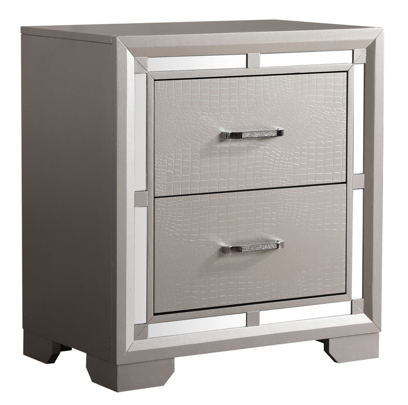 Elegant silver champagne accent nightstand by Glory Furniture with sleek design and modern finish, perfect for bedroom decor.