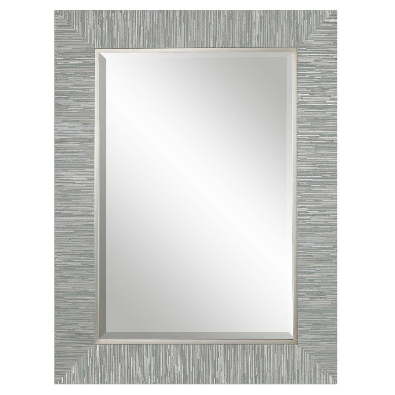 Gray wooden wall mirror by Uttermost with a sleek rectangular frame, perfect for modern interior decor.