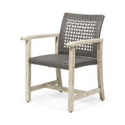 Set of two Noble House outdoor dining chairs with acacia wood frames, featuring slatted seats and backrests for patio or garden use.