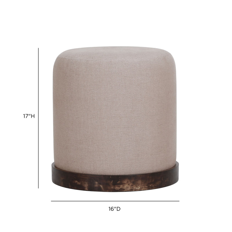 TOV Furniture Como Burl and Cotton Jute Accent Stool in peach with woven burl and cotton fabric upholstery, stylish and compact.