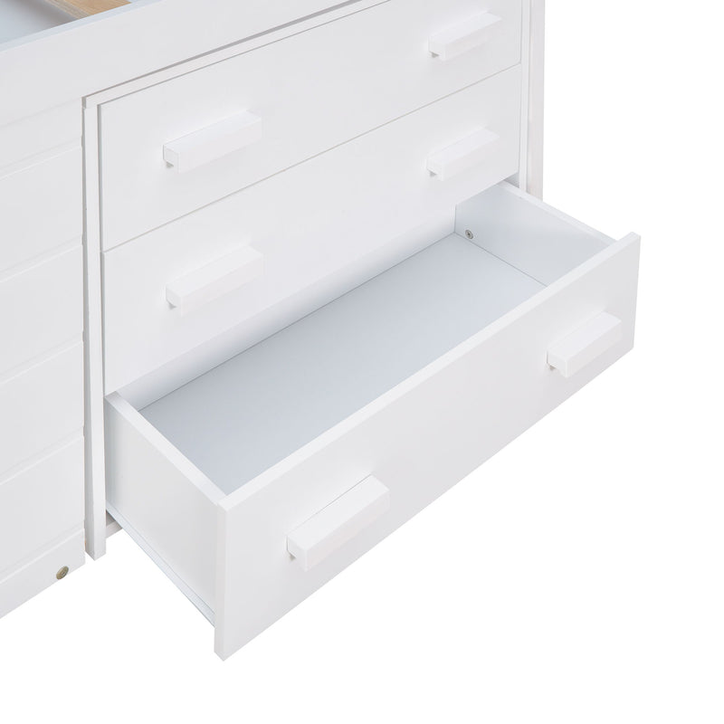 DreamHaus loft bed with integrated cabinet and shelf, showcasing a space-saving wooden loft bed with storage features
