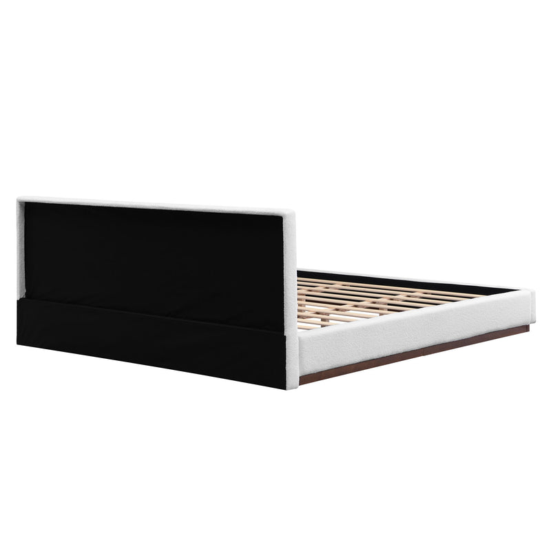 Elegant boucle upholstered bed with a wood grain textured solid wood base frame by Noble House, showcasing plush fabric and sturdy construction.