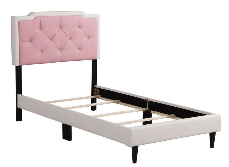 Upholstered button-tufted bed by Glory Furniture with cozy, plush fabric and elegant tufted headboard in a charming bedroom setting.