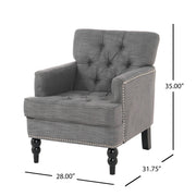 Noble House Harrison tufted arm chair with button-tufted back and birch wood legs, stylish and comfortable living room seating.