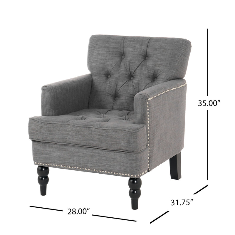 Noble House Harrison tufted arm chair with button-tufted back and birch wood legs, stylish and comfortable living room seating.