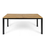 Black rectangular outdoor dining table with iron legs by Noble House, featuring a sturdy tabletop for outdoor meals.