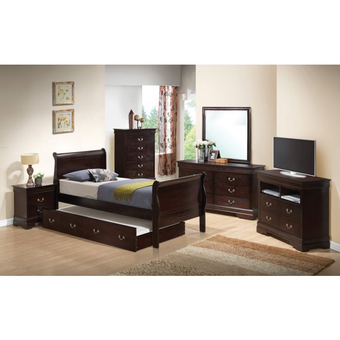 Elegant Glory Furniture trundle bed with a classic design, showcasing a wooden frame and timeless charm in a cozy bedroom setting.