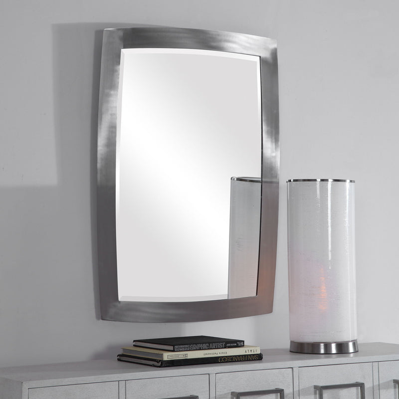 Uttermost Haskill wall mirror with brushed nickel frame, modern design, reflecting a sleek, contemporary style for interior decor.