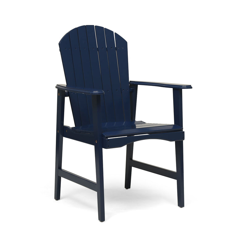 Set of two Noble House outdoor weather-resistant Acacia wood Adirondack dining chairs displayed outdoors