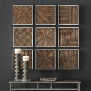 Set of nine dark brown rustic wooden squares wall decor by Uttermost, displayed hanging on a wall.