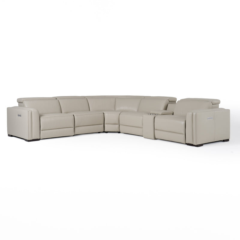 Frazier - Modern Light Grey Leather Sectional Sofa with 3 Recliners + Console — view 2
