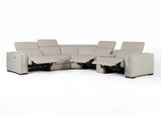 Frazier - Modern Light Grey Leather Sectional Sofa with 3 Recliners + Console — view 3